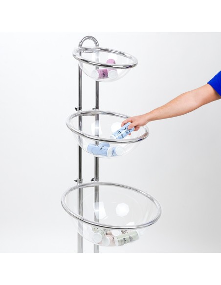 Espositore promozionale da terra con cesto in plexiglass