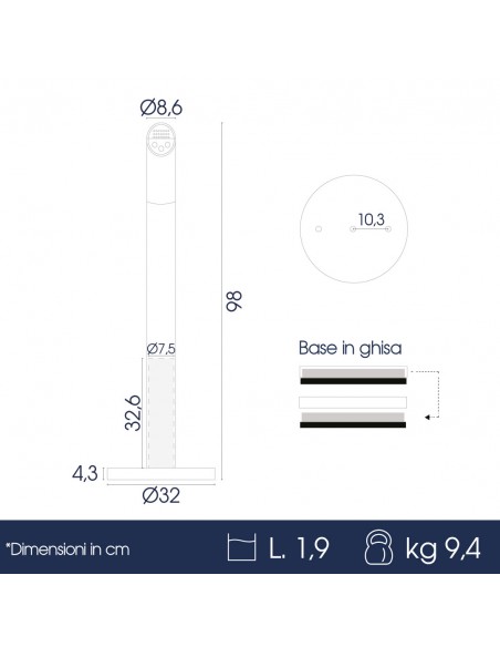 Posacenere da esterno a colonna alto 102 cm, capienza 2 litri