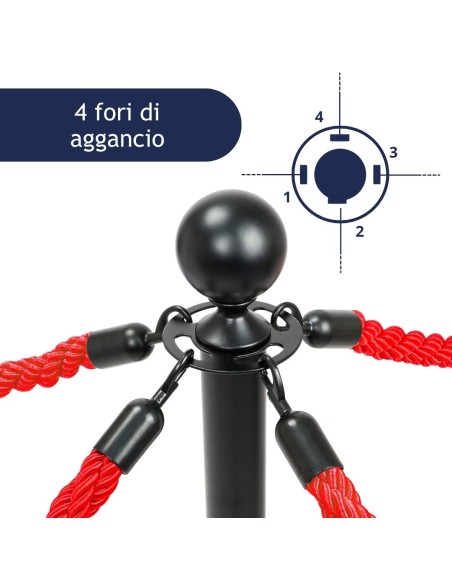 Testa di colonnina segnapercorso con ganci neri e cordoni rossi