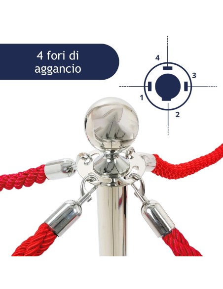 Testa di colonnina segnapercorso con 4 cordoni rossi agganciati ad essa