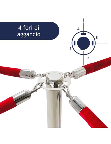 Testa di colonnina segnapercorso con 4 corde in velluto rosse aggangiate ad essa