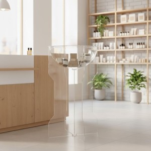 Espositore promozionale da terra con cesto e base a croce in plexiglass - DANIELI