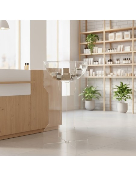 Espositore promozionale da terra con cesto e base a croce in plexiglass