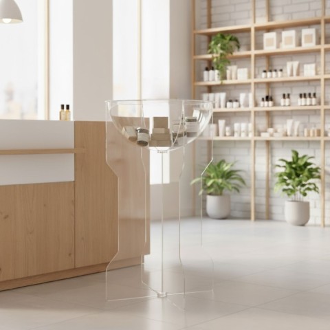 Espositore promozionale da terra con cesto e base a croce in plexiglass - DANIELI