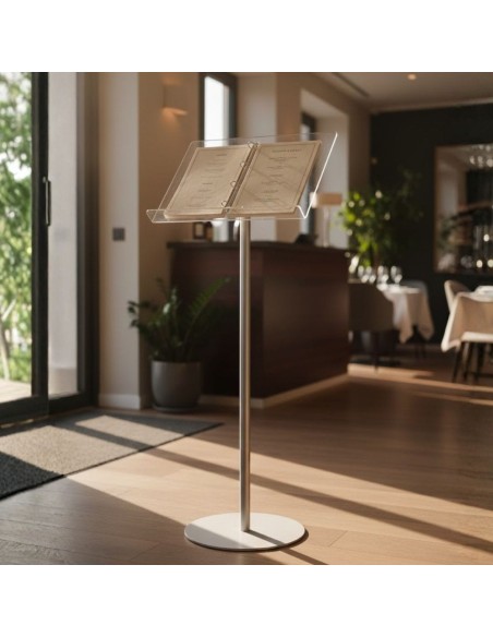 espositore a leggio in plexiglass A3 con annelli all'entrata di un ristorante