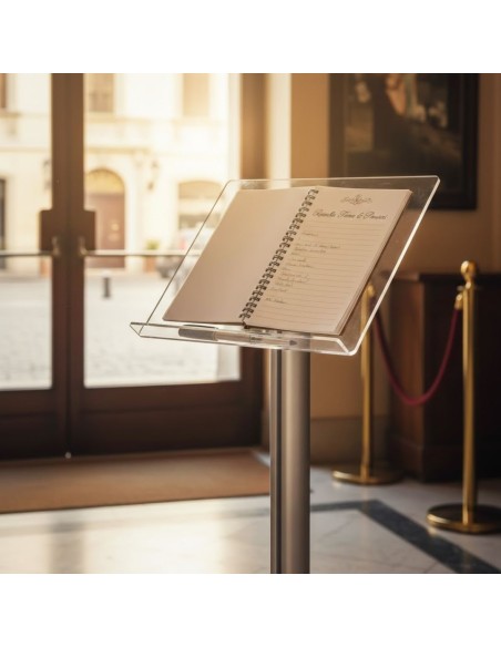 espositore a leggio in plexiglass A3 orizzontale all'entrata di un ristorante