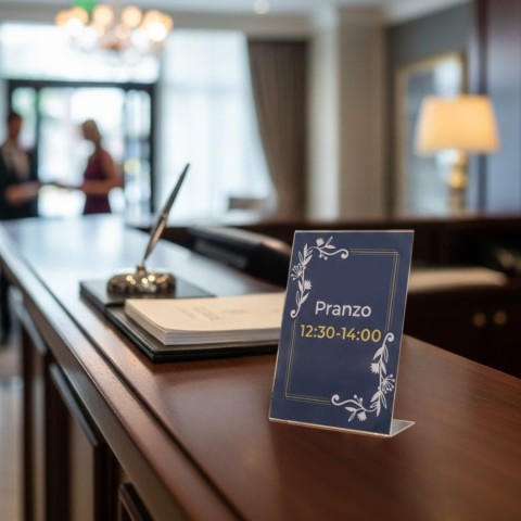 Espositore da tavolo in plexiglass trasparente porta menu formato A6 su bancone di un hotel - DANIELI
