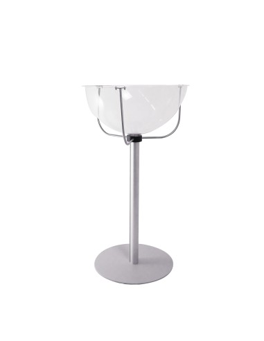 Espositore da terra con cesto in plexiglass e base tonda in metallo