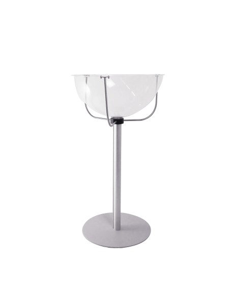 Espositore da terra con cesto in plexiglass e base tonda in metallo