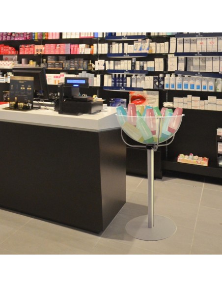 Espositore da terra con cesto in plexiglass e base tonda in metallo