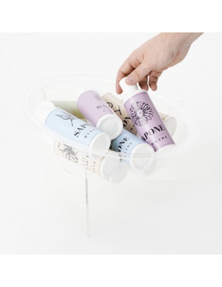Espositore promozionale da banco con cesto in plexiglass trasparente