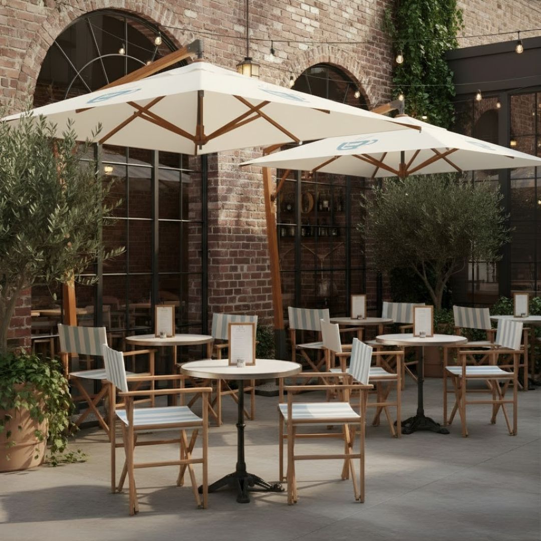 outdoor di un ristorante con ombrelloni e sedie da regista personalizzate