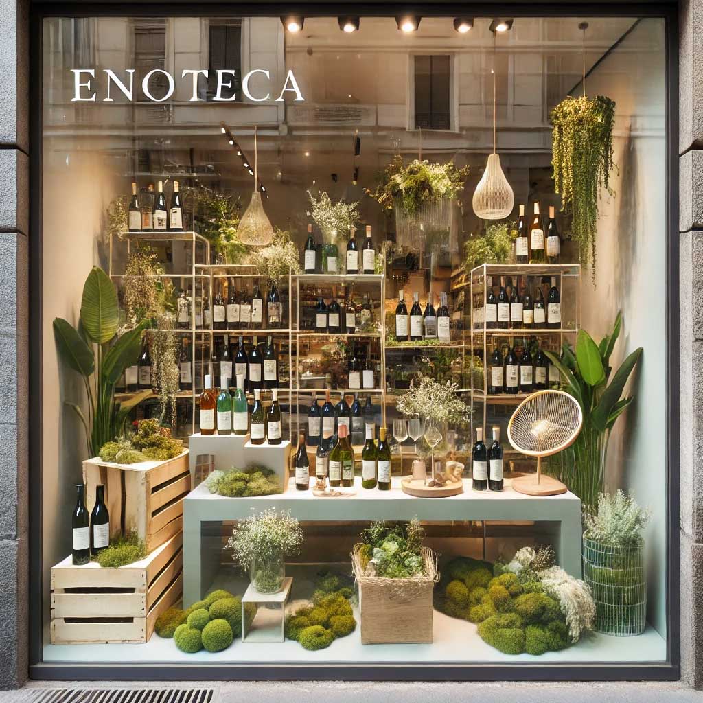 decorazioni vetrina primaverile enoteca