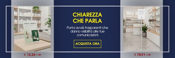banner porta avvisi promozionali ambientati in negozio famaceutico